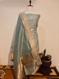 Greyish Green Cotton Silk Handwoven Banarasi Suit Set - Aura Benaras