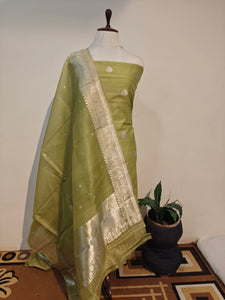 Pista Green Cotton Silk Handwoven Banarasi Suit Set - Aura Benaras