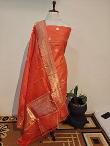 Peach Cotton Silk Handwoven Banarasi Suit Set - Aura Benaras