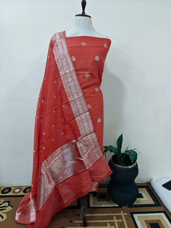 Rust Red Cotton Silk Handwoven Banarasi Suit Set - Aura Benaras