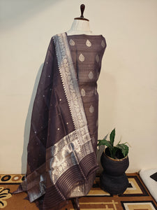 Charcoal Grey Tussar Silk Handwoven Banarasi Suit Set - Aura Benaras