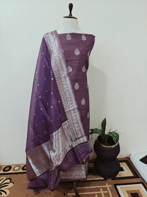 Cyber Grape Katan Silk Handwoven Banarasi Suit Set - Aura Benaras