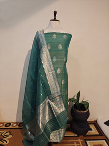 Greyish Green Tussar Silk Handwoven Banarasi Suit Set - Aura Benaras