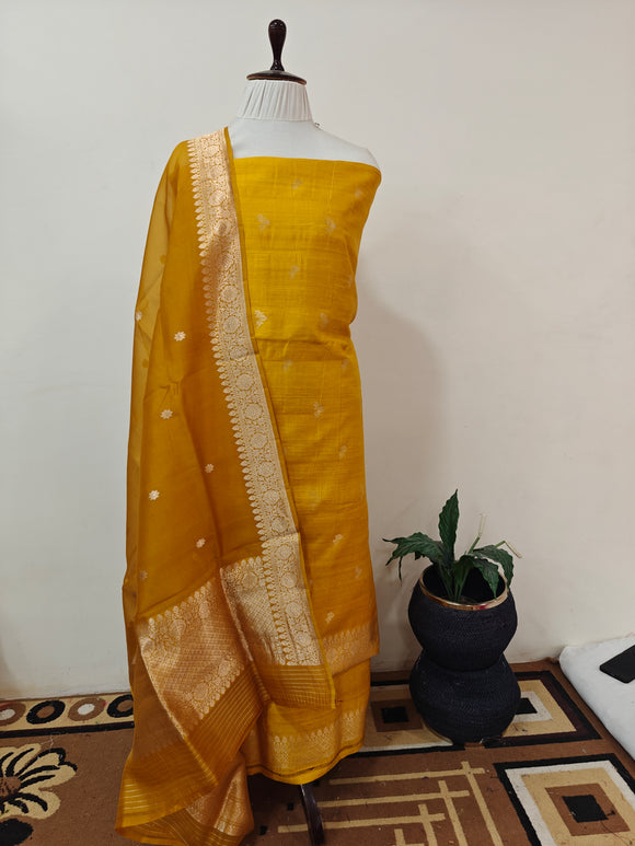 Yellow Raw Silk Handwoven Banarasi Suit Set - Aura Benaras