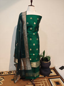 Bottle Green Raw Silk Handwoven Banarasi Suit Set - Aura Benaras