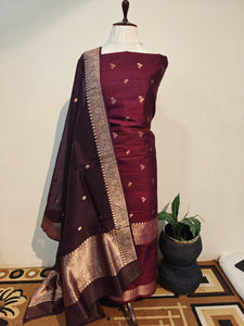 Brown Raw Silk Handwoven Banarasi Suit Set - Aura Benaras