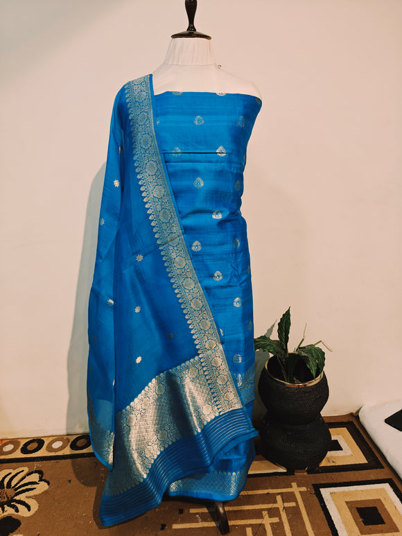 Firozi Blue Raw Silk Handwoven Banarasi Suit Set - Aura Benaras