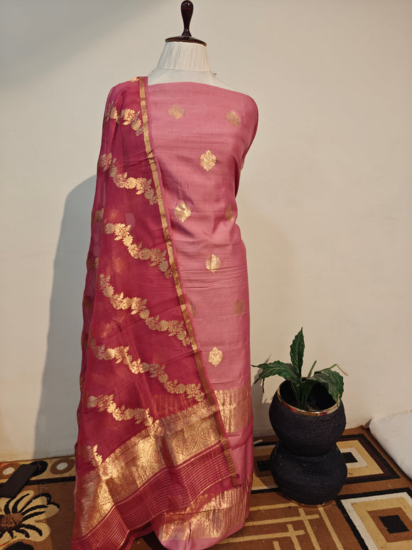 Onion Pink Pure Banarasi Chiniya SIlk Suit - Aura Benaras