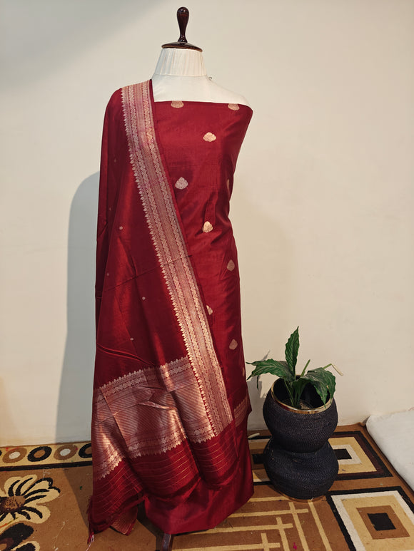 Maroon Katan Silk Handwoven Banarasi Suit Set - Aura Benaras