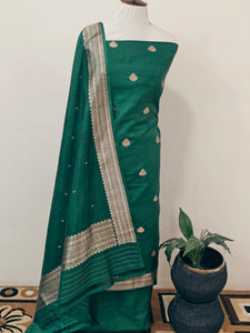 Dark Green Katan Silk Handwoven Banarasi Suit Set - Aura Benaras