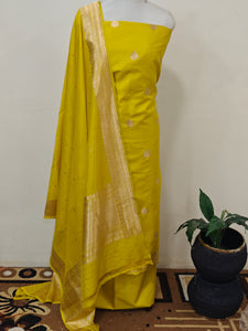 Lemon Yellow Katan Silk Handwoven Banarasi Suit Set - Aura Benaras