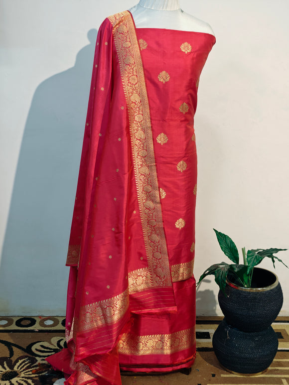 Orangish Pink Katan Silk Handwoven Banarasi Suit Set - Aura Benaras