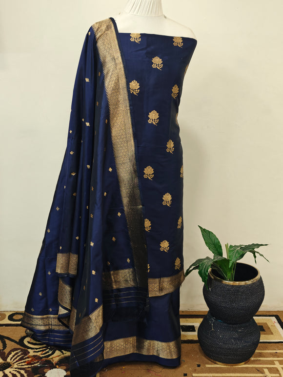 Navy Blue Katan Silk Handwoven Banarasi Suit Set - Aura Benaras