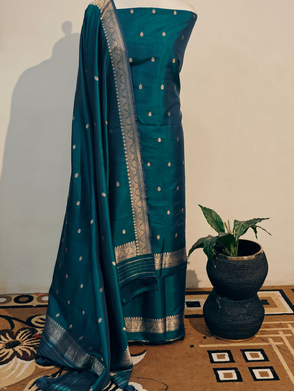 Rama Blue Katan Silk Handwoven Banarasi Suit Set - Aura Benaras