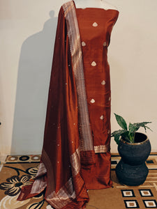 Maroonish Brown Katan Silk Handwoven Banarasi Suit Set - Aura Benaras