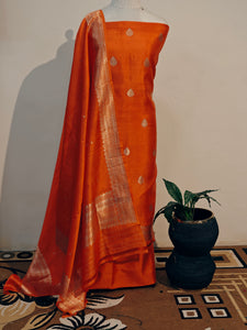 Orange Katan Silk Handwoven Banarasi Suit Set - Aura Benaras