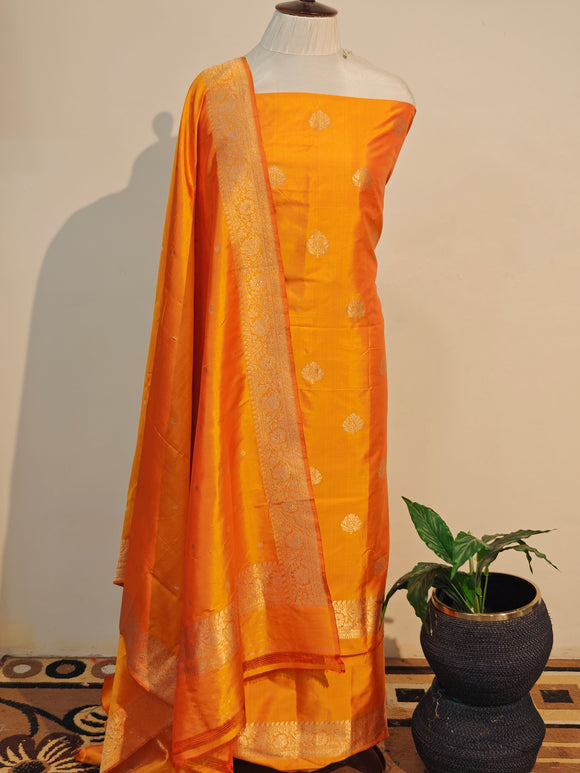 Orange Katan Silk Handwoven Banarasi Suit Set - Aura Benaras