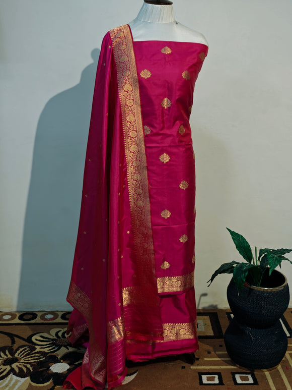 Rani Pink Katan Silk Handwoven Banarasi Suit Set - Aura Benaras