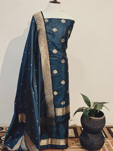 Teal Katan Silk Handwoven Banarasi Suit Set - Aura Benaras