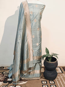 Grey Katan Silk Handwoven Banarasi Suit Set - Aura Benaras