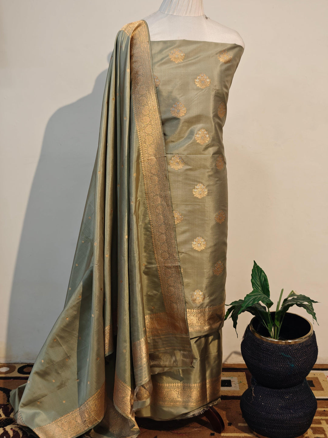 Smoke Grey Katan Silk Handwoven Banarasi Suit Set - Aura Benaras