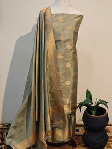 Smoke Grey Katan Silk Handwoven Banarasi Suit Set - Aura Benaras