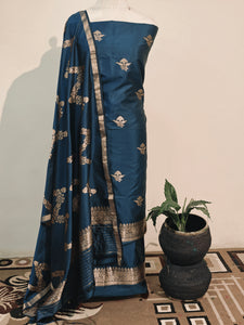 Teal Katan Silk Handwoven Banarasi Suit Set - Aura Benaras