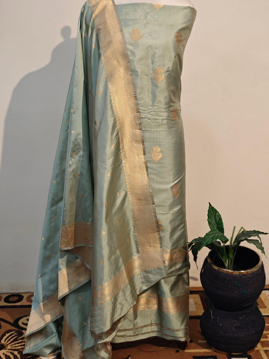 Sage Green Katan Silk Handwoven Banarasi Suit Set - Aura Benaras