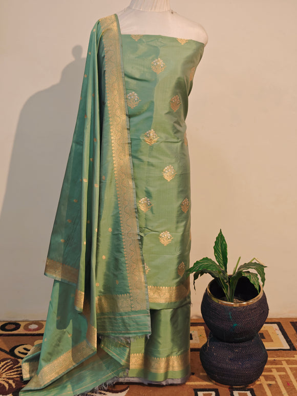 Yellowish Green Katan Silk Handwoven Banarasi Suit Set - Aura Benaras