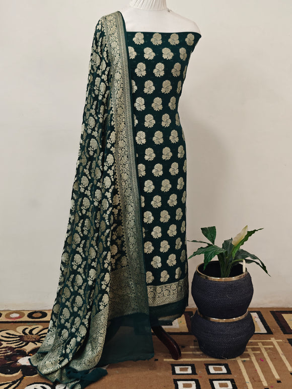 Bottle Green Banarasi Khaddi Georgette Suit - Aura Benaras