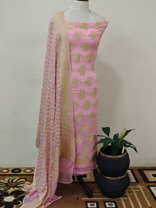 Baby Pink Banarasi Khaddi Georgette Suit - Aura Benaras