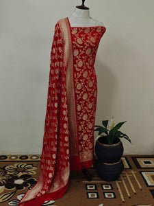 Red Banarasi Khaddi Georgette Suit - Aura Benaras