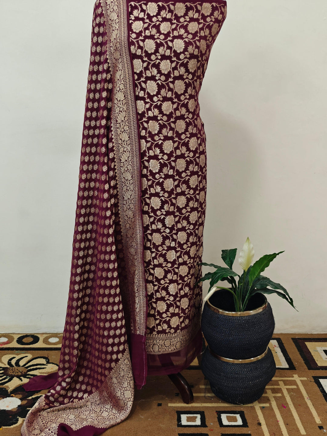 Wine Banarasi Khaddi Georgette Suit - Aura Benaras