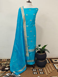 Firozi Blue Pure Banarasi Chiniya SIlk Suit - Aura Benaras