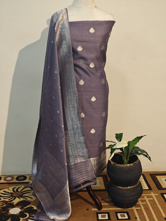 Greyish Lavender Cotton Silk Handwoven Banarasi Suit Set - Aura Benaras