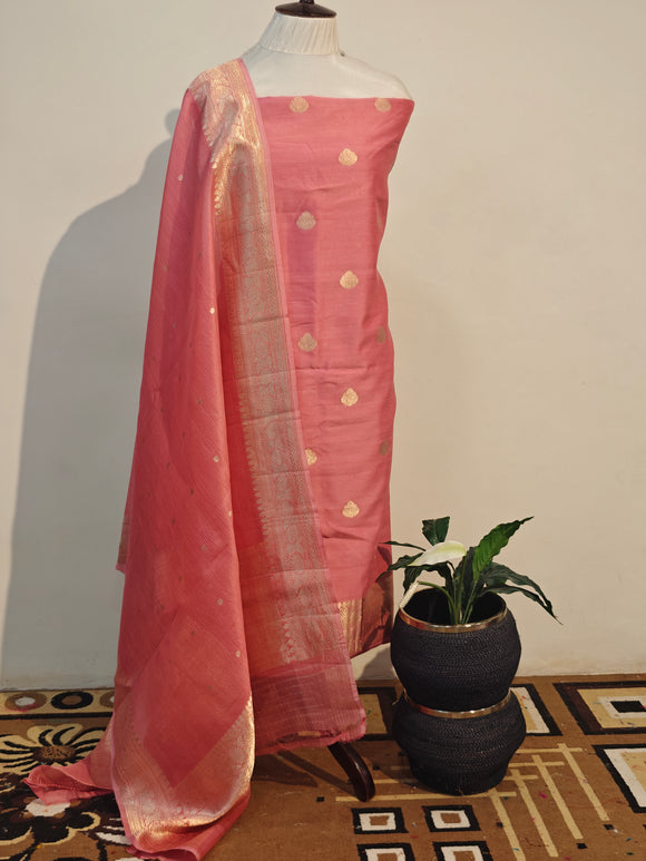 Pink Cotton Silk Handwoven Banarasi Suit Set - Aura Benaras