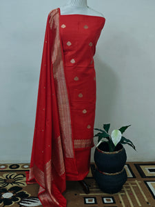 Red Katan Silk Handwoven Banarasi Suit Set - Aura Benaras