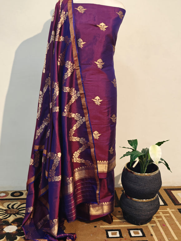 Wine Katan Silk Handwoven Banarasi Suit Set - Aura Benaras