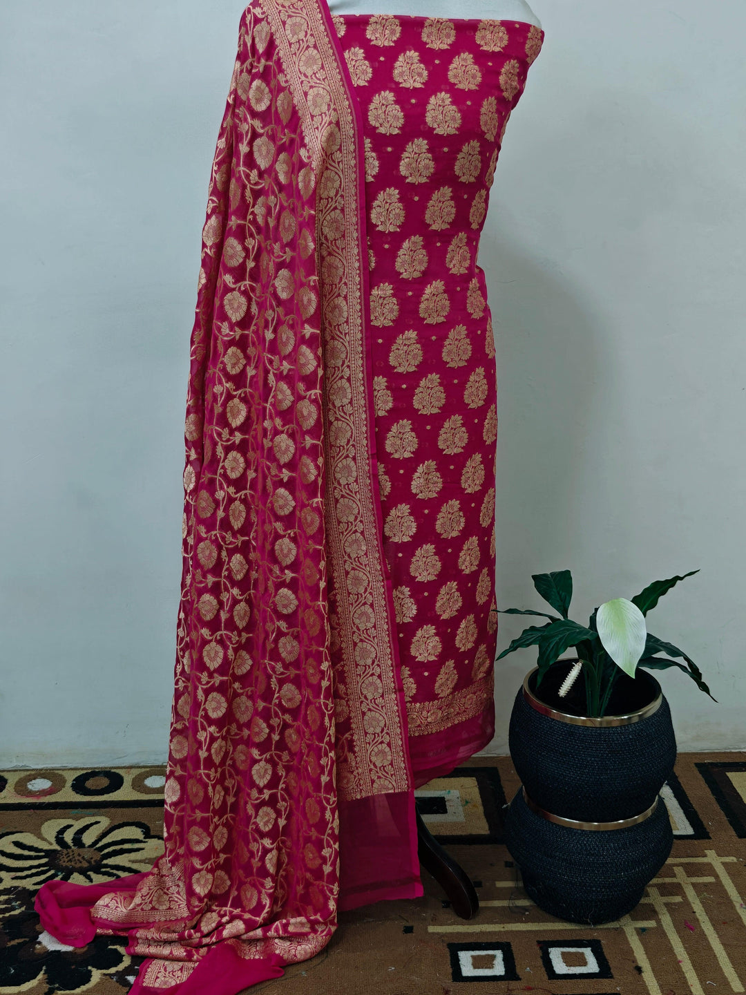 Rani Pink Banarasi Khaddi Georgette Suit - Aura Benaras