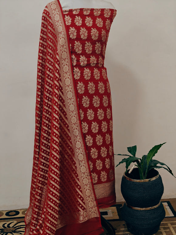 Red Banarasi Khaddi Georgette Suit - Aura Benaras