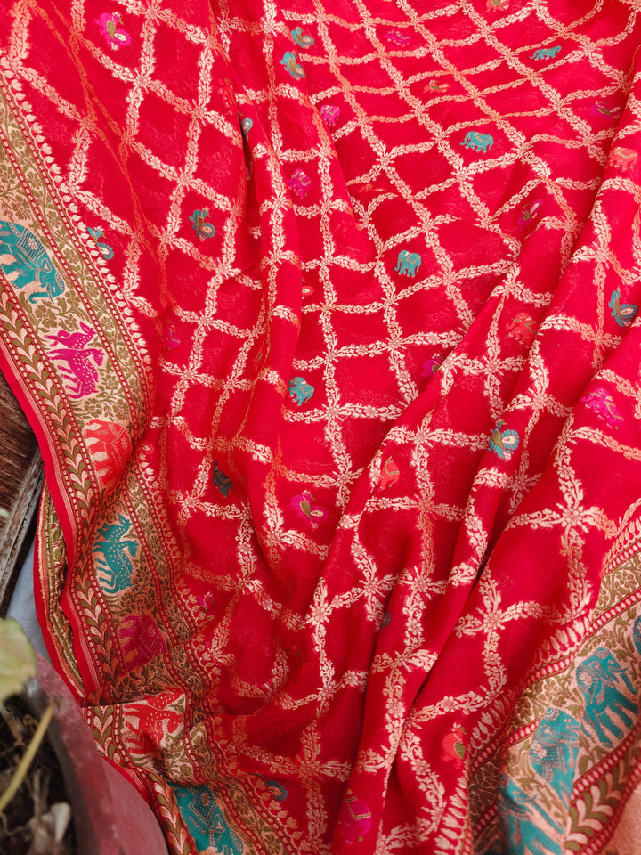 Red Tilfi Patola Pure Banarasi Khaddi Georgette Saree