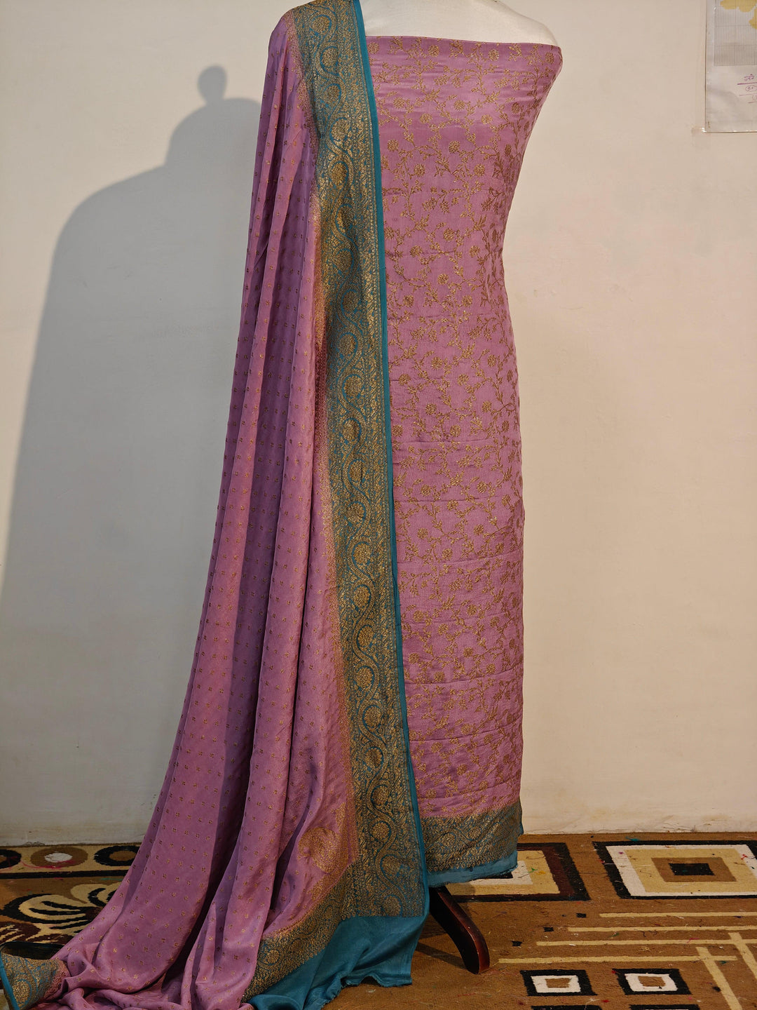 Dusty Lavender Banarasi Crepe Silk Suit - Aura Benaras