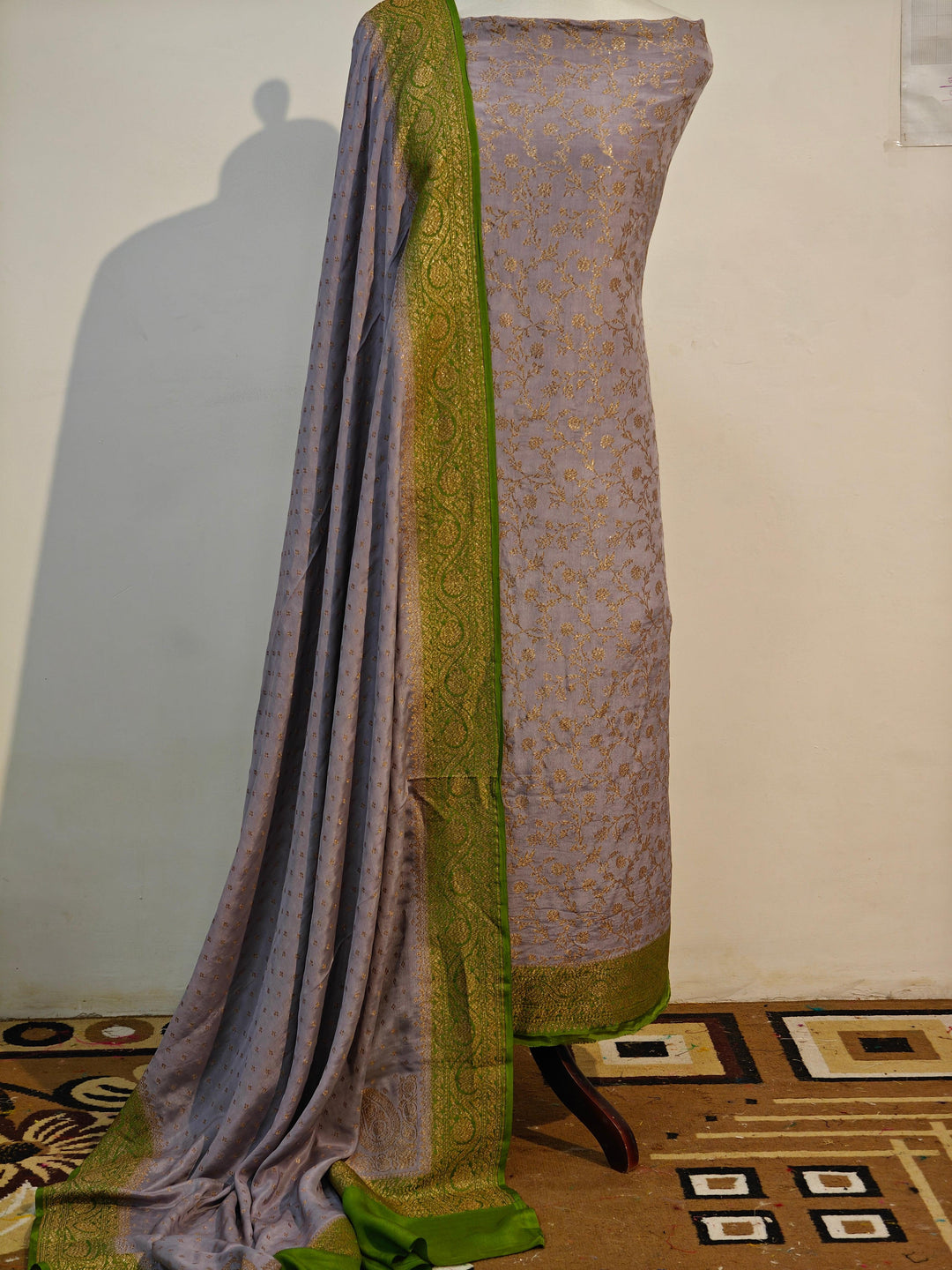 Grey Banarasi Crepe Silk Suit - Aura Benaras