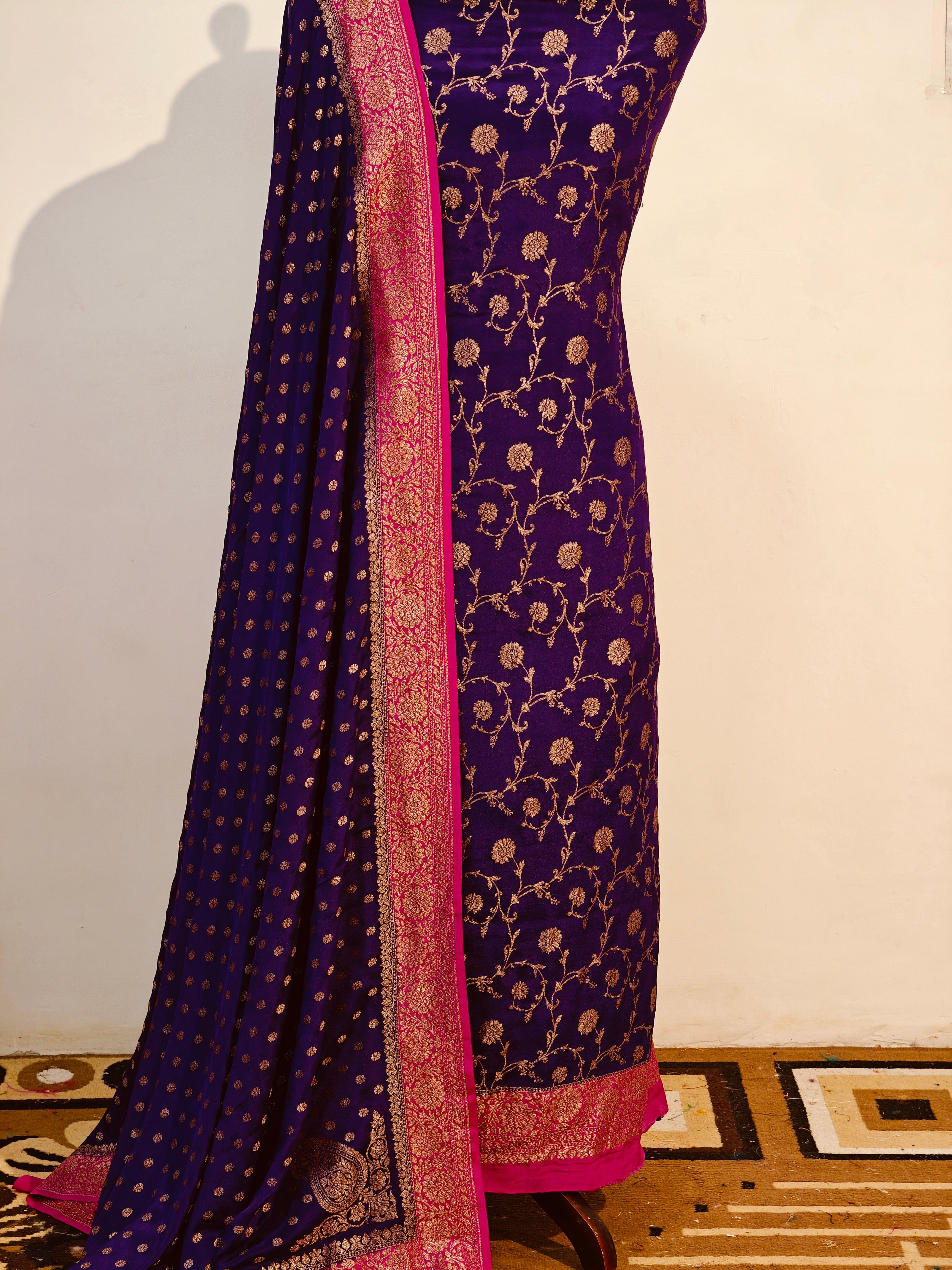 Purple Banarasi Crepe Silk Suit - Aura Benaras