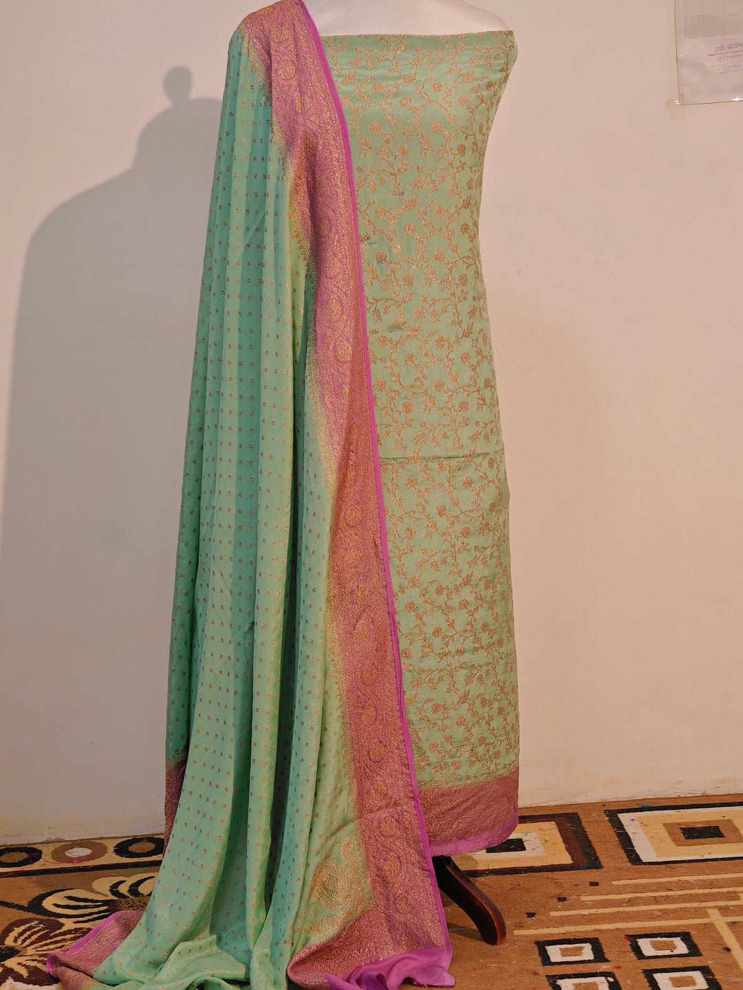 Greyish Green Banarasi Crepe Silk Suit - Aura Benaras