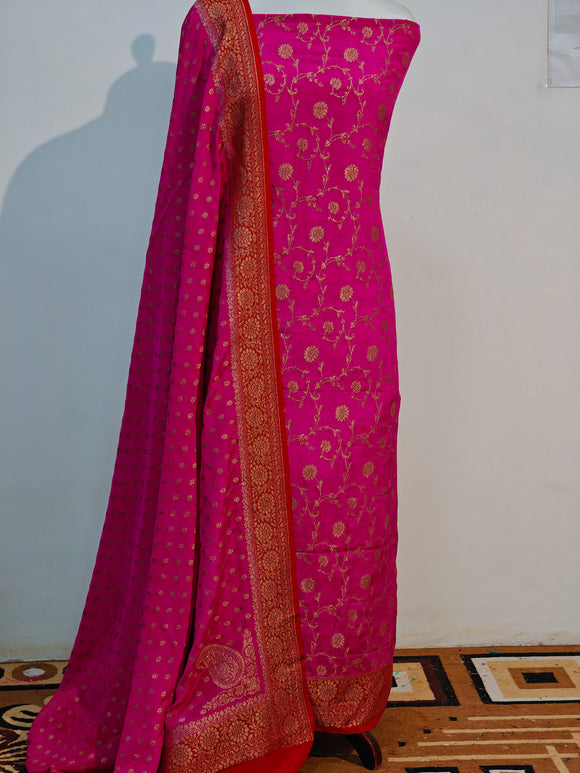 Rani Pink Banarasi Crepe Silk Suit - Aura Benaras