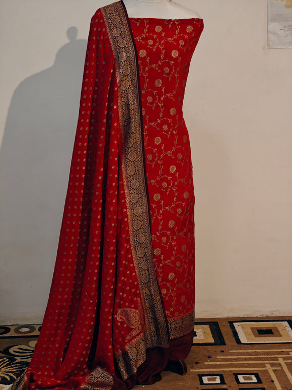 Red Banarasi Crepe Silk Suit - Aura Benaras