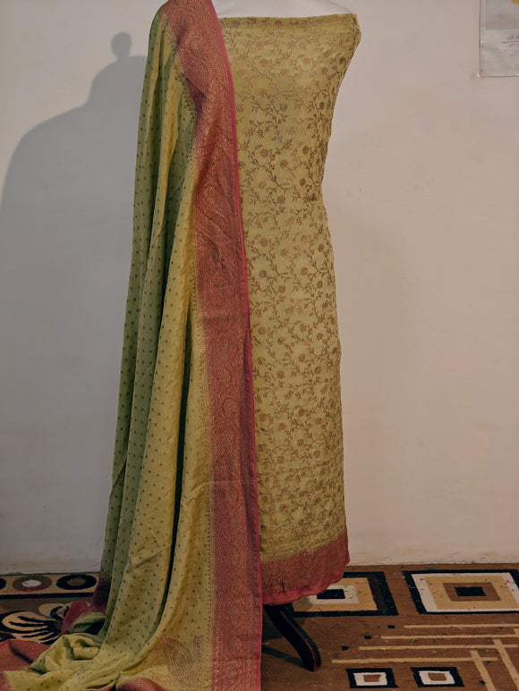 Pista Green Banarasi Crepe Silk Suit - Aura Benaras