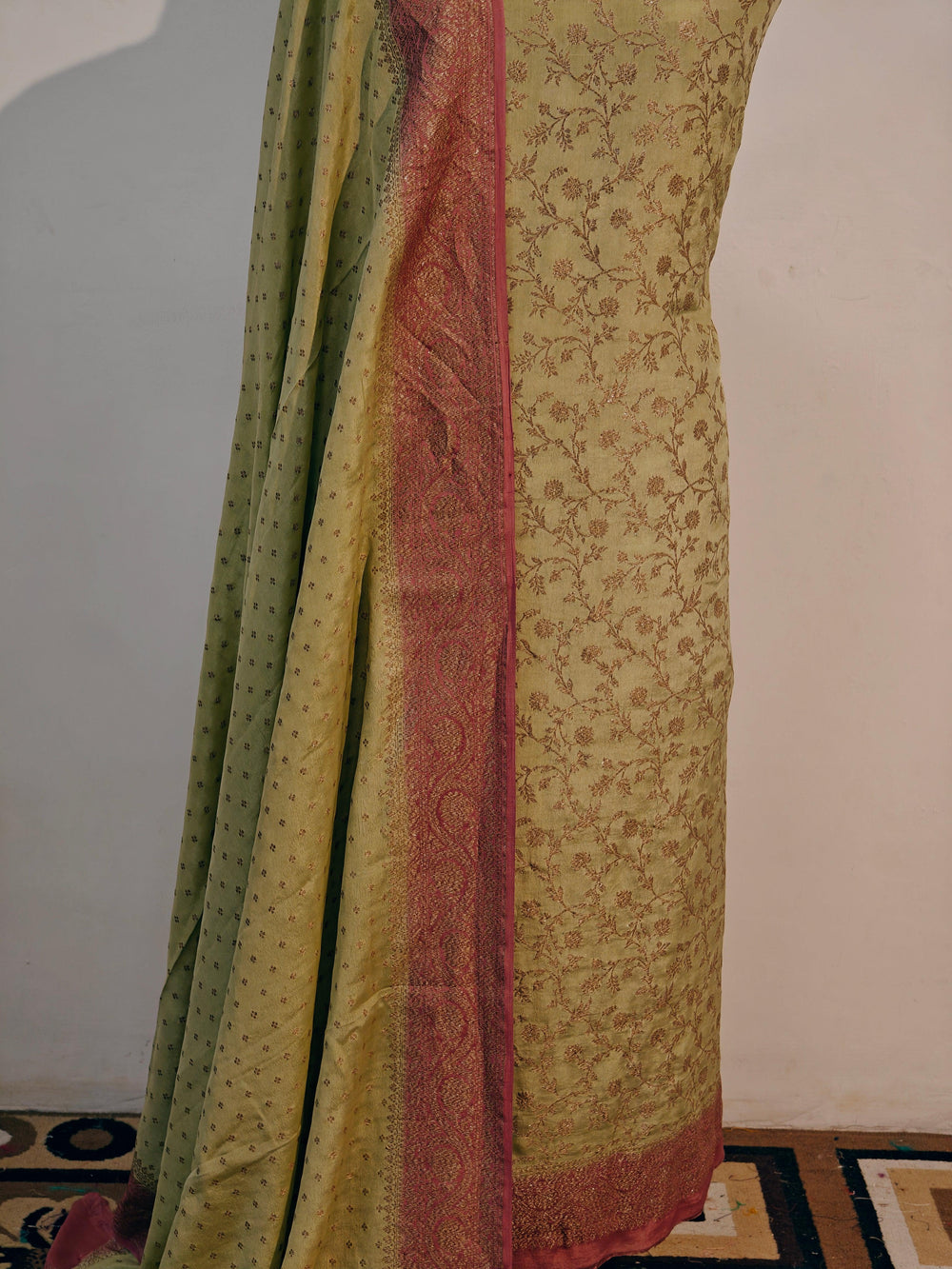 Pista Green Banarasi Crepe Silk Suit - Aura Benaras