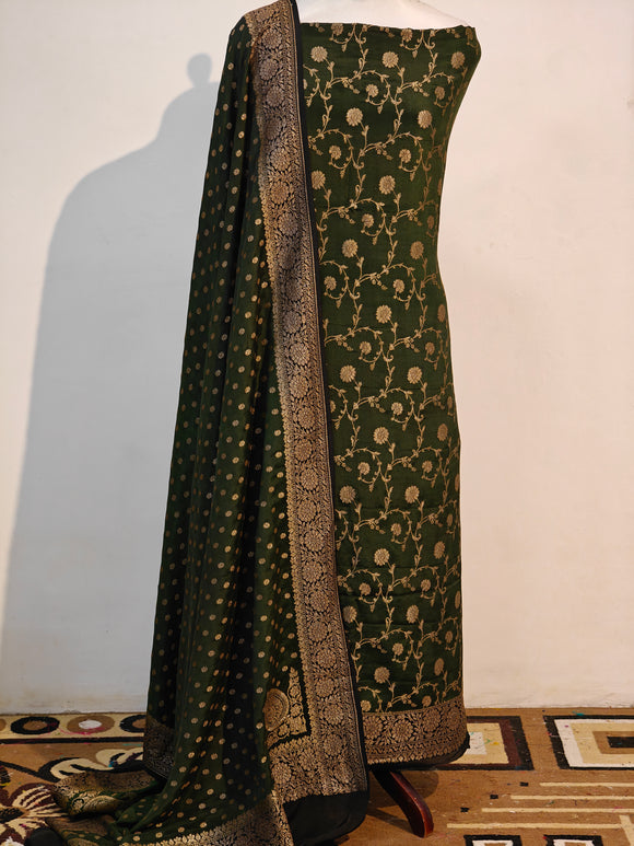 Mehendi Green Banarasi Crepe Silk Suit - Aura Benaras